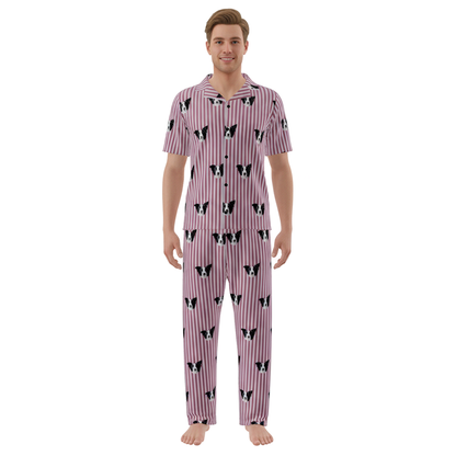 Person wearing a pajama set with a dog pattern on a white background