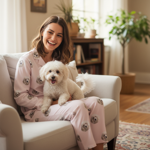Woman in pajama with a dog on a couch in a cozy living room