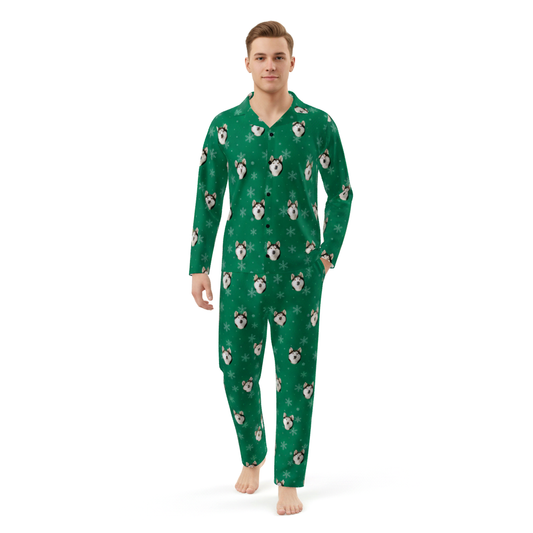 Man wearing a green pajamas set with pet face pattern