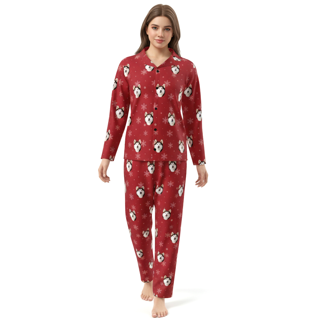 Red pajama set with pet face pattern 