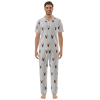 Man wearing a light gray pajama set with dog pattern on a white background