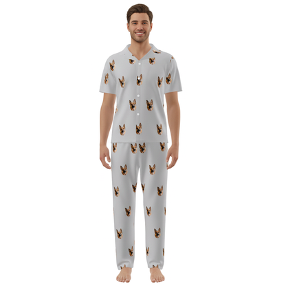 Man wearing a light gray pajama set with dog pattern on a white background