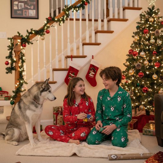 Two children in matching pajamas with a dog, surrounded by Christmas decorations.
