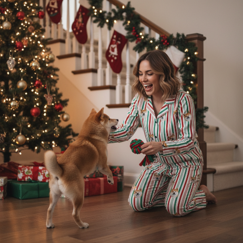Woman in pajamas playing with a dog in a festive home setting with Christmas decorations.