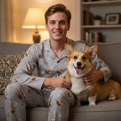 Man in pajamas with a corgi dog on a couch in a cozy living room.