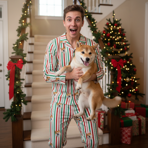 Man in festive pajamas holding a dog with Christmas decorations in the background