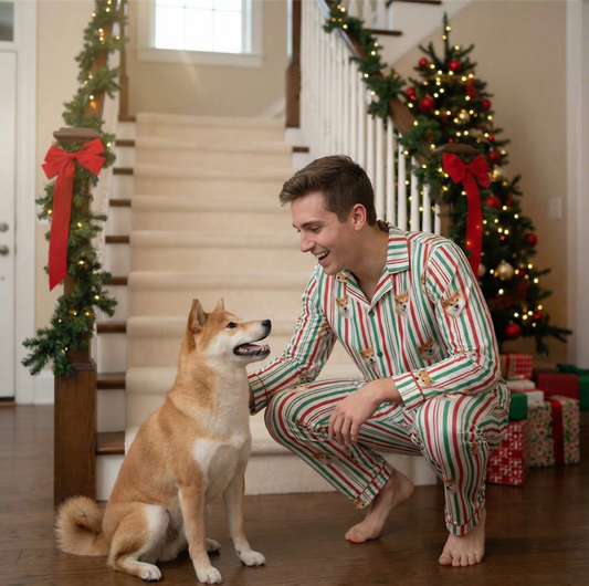 Man in festive pajamas holding a dog with Christmas decorations in the background