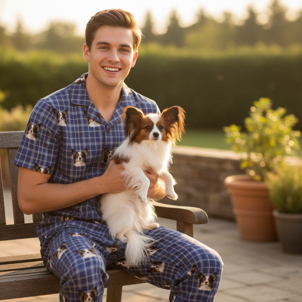 Man in blue pajamas with dog pattern holding a small dog on a bench outdoors.