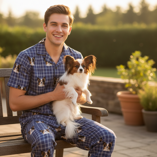 Man in blue pajamas with dog pattern holding a small dog on a bench outdoors.