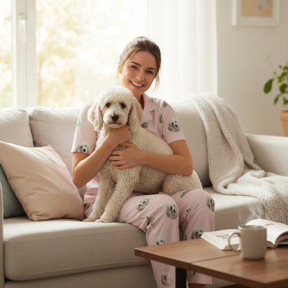 Woman in pajamas holding a small white dog on a couch in a cozy living room.