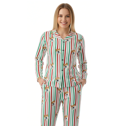 Woman wearing a festive pajama set with red, green, and white stripes and Pet Face