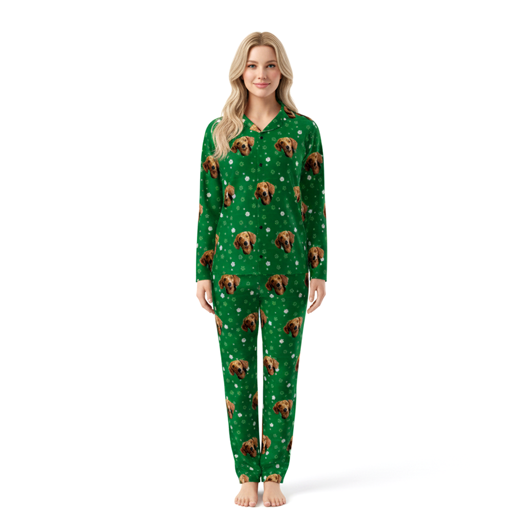 Green pajamas with Pet Face and pawz pattern