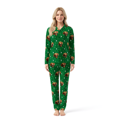 Green pajamas with Pet Face and pawz pattern