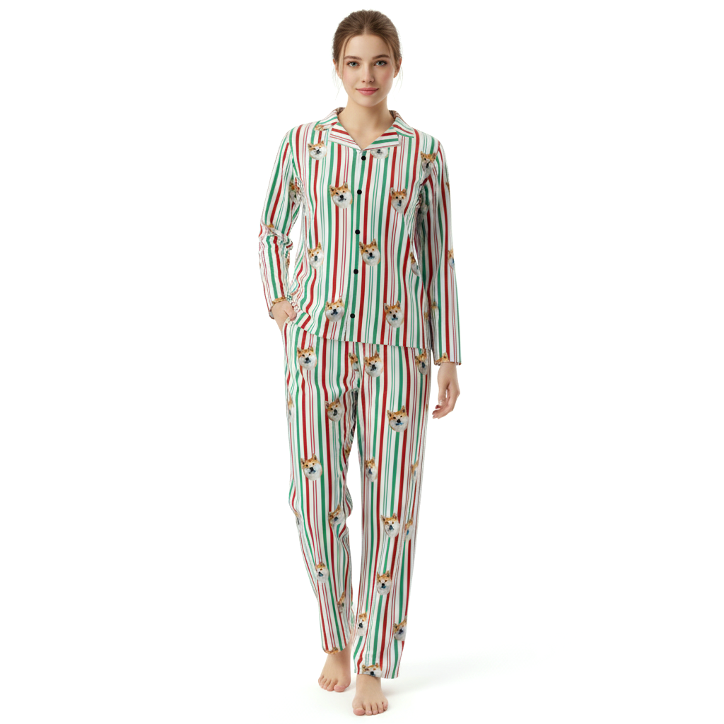 Woman wearing a festive pajama set with red, green, and white stripes and Pet Face