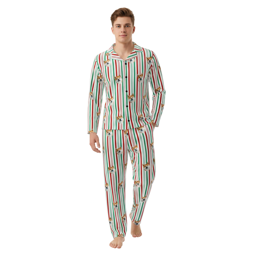 Man wearing a festive pajama set with red, green, and white stripes and Pet Face