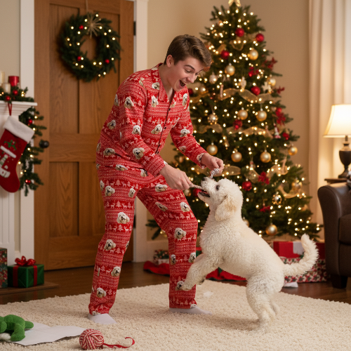 Man in red pajamas with a dog in a festive living room with Christmas tree and decorations.