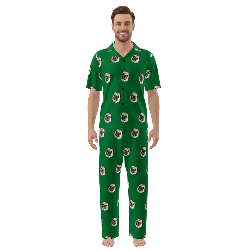 Man wearing green pajamas with pug pattern on a white background