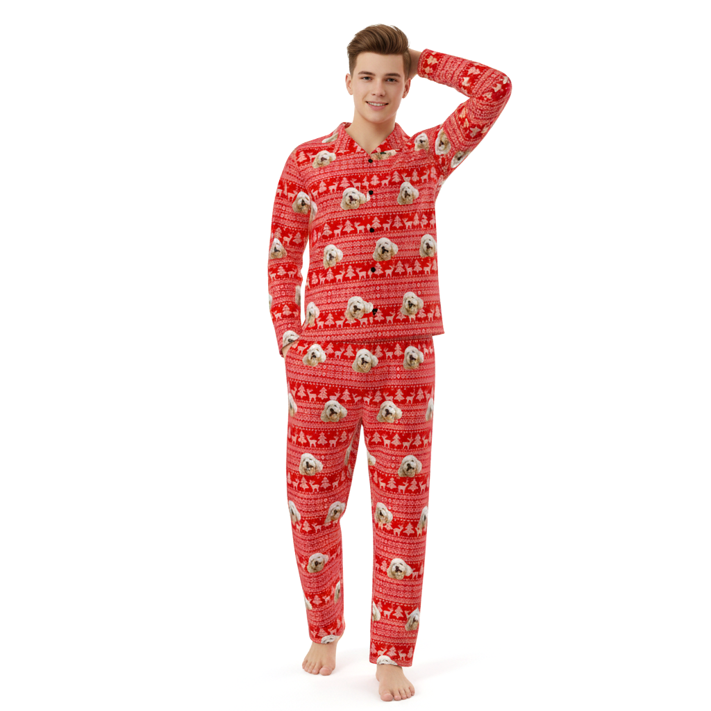 Christmas themed pajamas with Pet Face and pawz pattern