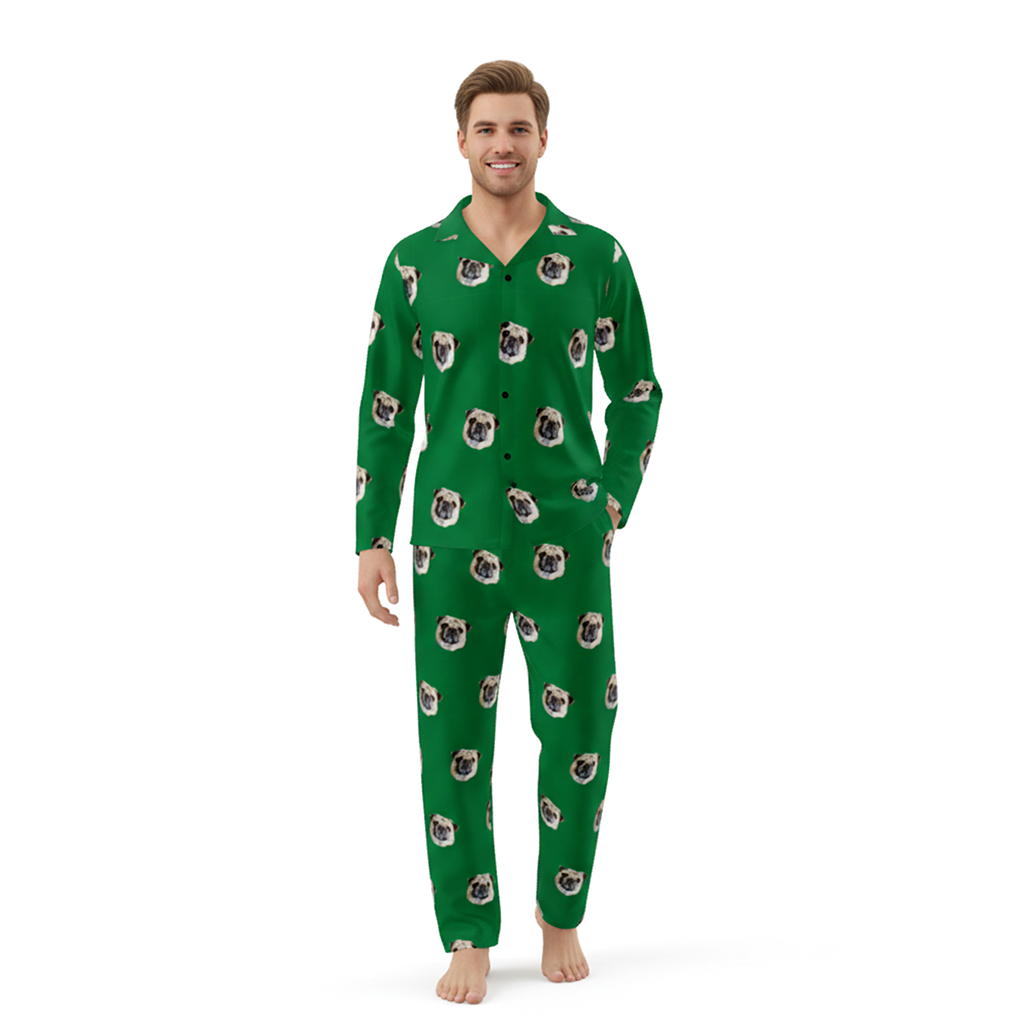 Man wearing a green pajama set with pug pattern on a white background