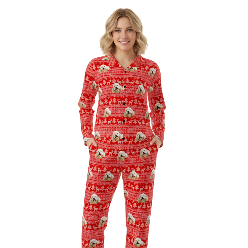 Christmas themed pajamas with Pet Face and pawz pattern