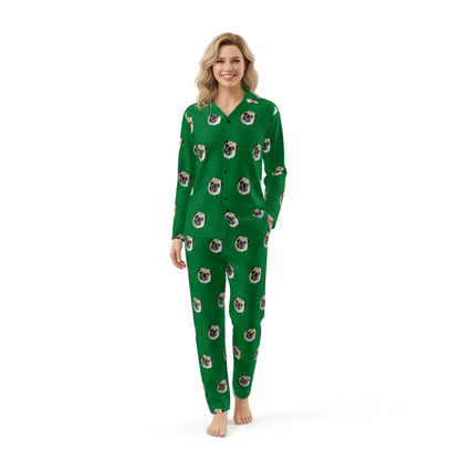 Woman wearing a green pajama set with dog pattern on a white background