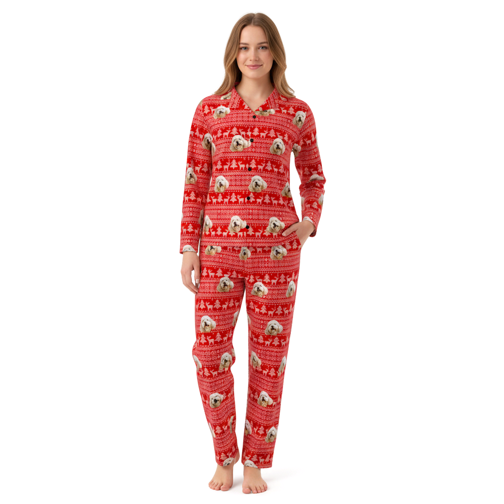 Christmas themed pajamas with Pet Face and pawz pattern