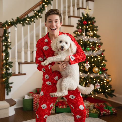 Person in red pajamas holding a white dog with a Christmas tree and decorations in the background