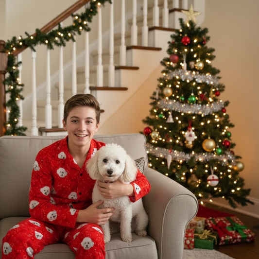 Person in red pajamas holding a white dog with a Christmas tree and decorations in the background