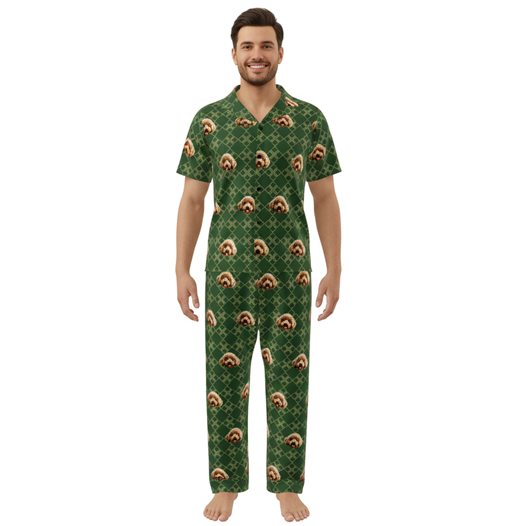 Man wearing a green pajama set with animal pattern on a white background