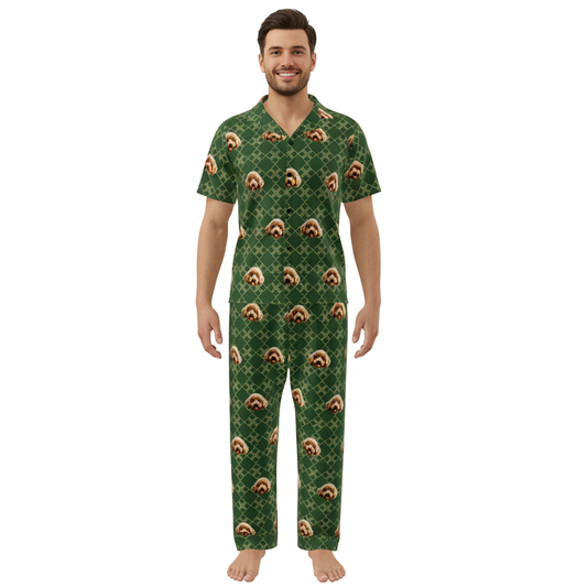 Man wearing a green pajama set with animal pattern on a white background