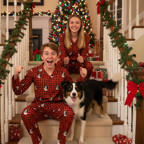 Two people in red checkered pajamas with a dog on a staircase decorated for Christmas.