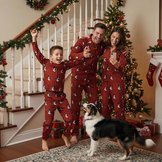 Family in matching red pajamas with a dog in a decorated living room during Christmas.