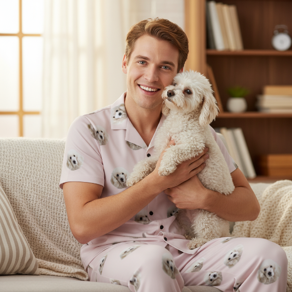 Man in pajamas holding a small white dog in a cozy living room.