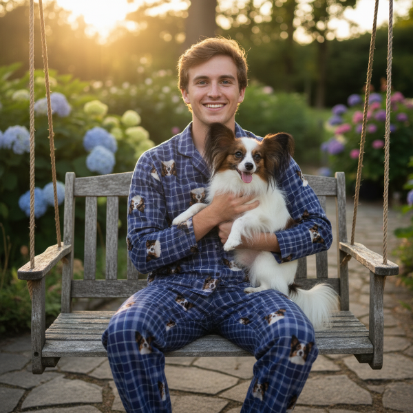 Man in blue pajamas with a dog on a swing in a garden